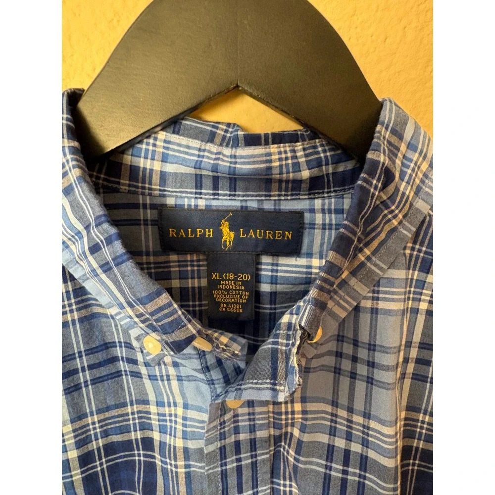 Ralph Lauren Boys XL 18-20 Blue Plaid Cotton Button Down Shirt Long Sleeve